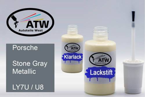 Porsche, Stone Gray Metallic, LY7U / U8: 20ml Lackstift + 20ml Klarlack - Set, von ATW Autoteile West.